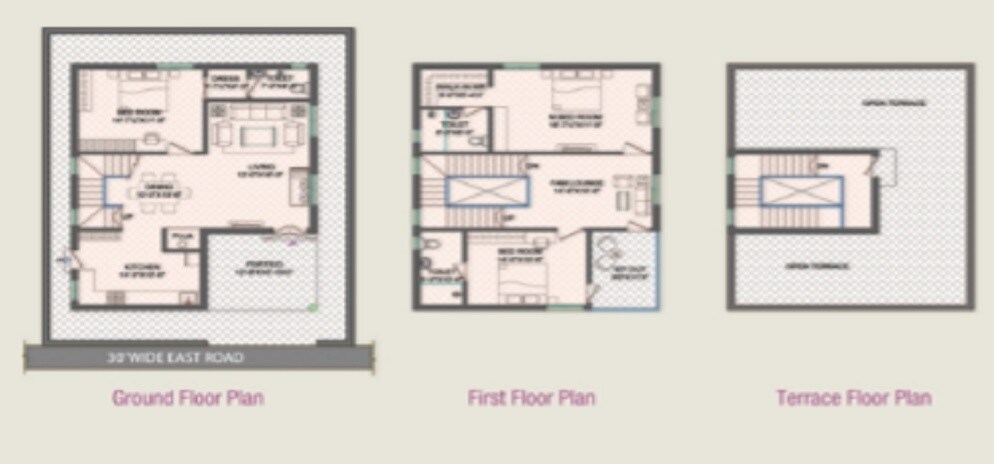 Floor plan of 3 BHK 1505 Sq. Ft. Villa in APR Praveens Luxuria, Hyderabad