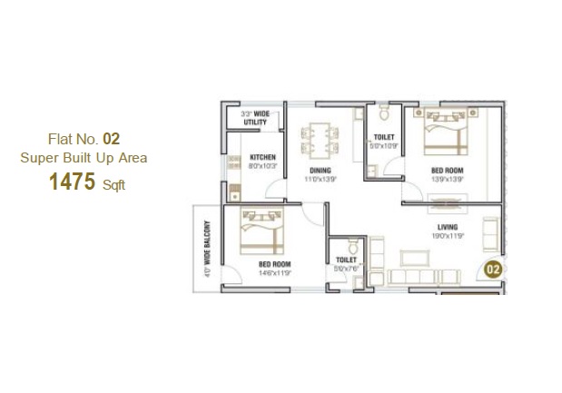2 BHK 1475 Sq. Ft. Apartment in Apurupa Kamala Estates