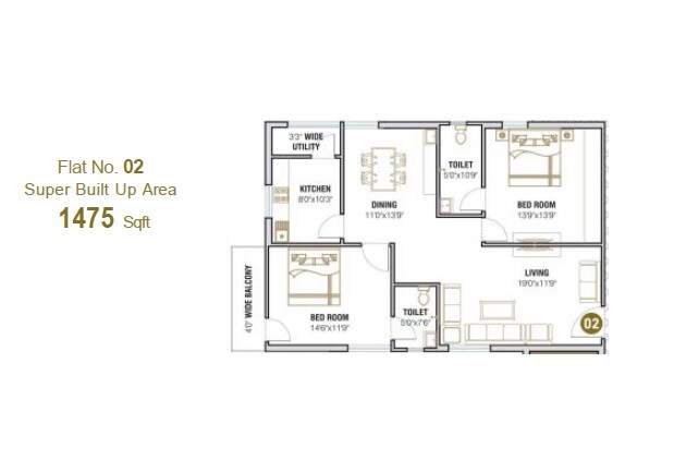 Floor plan of 2 BHK 1475 Sq. Ft. Apartment in Apurupa Kamala Estates, Hyderabad