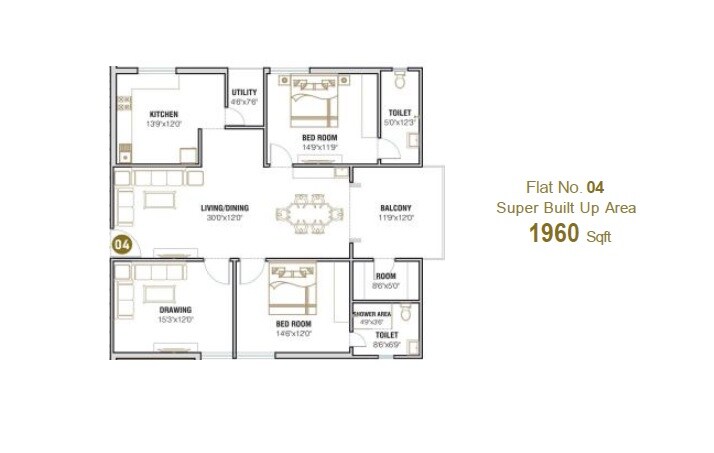 Floor plan of 2 BHK 1960 Sq. Ft. Apartment in Apurupa Kamala Estates, Hyderabad