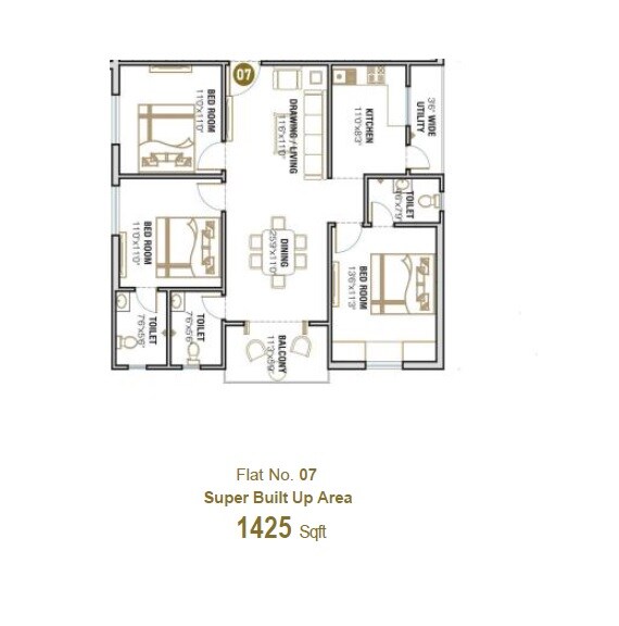 Floor plan of 3 BHK 1425 Sq. Ft. Apartment in Apurupa Kamala Estates, Hyderabad
