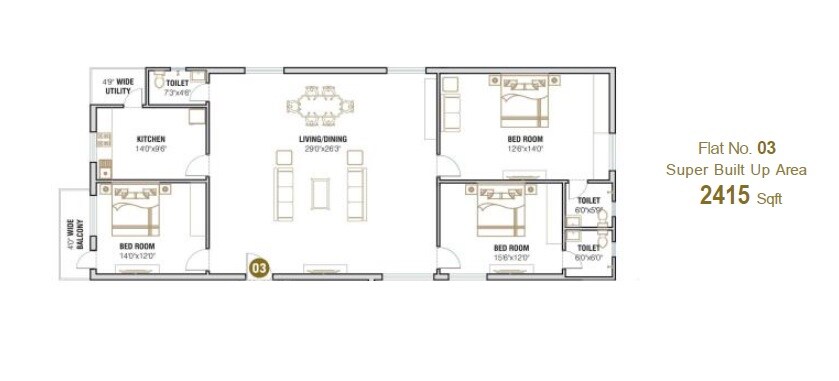 Floor plan of 3 BHK 2415 Sq. Ft. Apartment in Apurupa Kamala Estates, Hyderabad