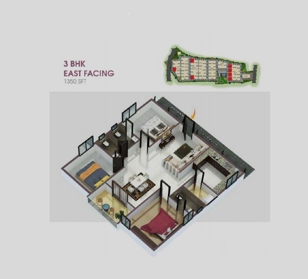 Floor plan of 3 BHK 1350 Sq. Ft. Apartment in AR Alpine Square, Hyderabad