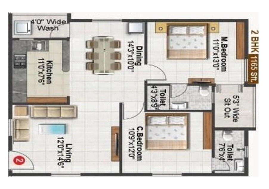 2 BHK 1165 Sq. Ft. Apartment