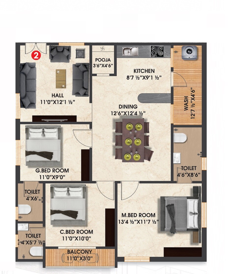 3 BHK 1650 Sq. Ft. Apartment