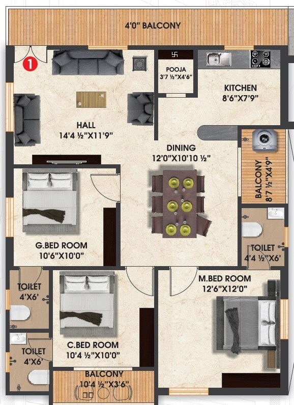 Floor plan of 3 BHK 1800 Sq. Ft. Apartment in AR Sai Pragathi Arcade, Hyderabad