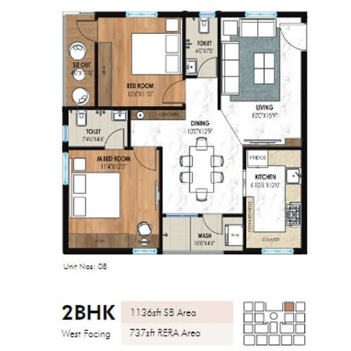 Floor plan of 2 BHK 1136 Sq. Ft. Apartment in Arao Eterna, Hyderabad