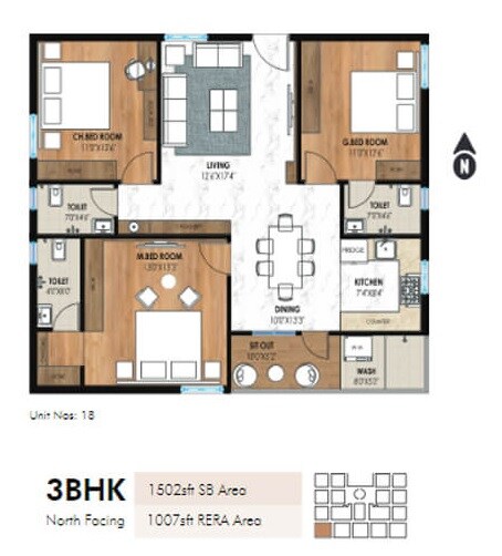 Floor plan of 3 BHK 1502 Sq. Ft. Apartment in Arao Eterna, Hyderabad