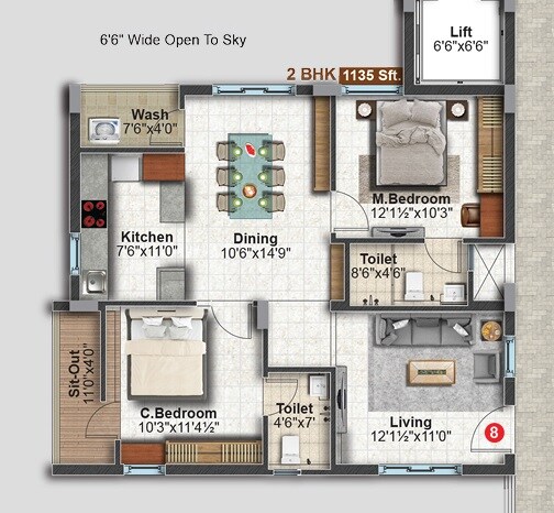 2 BHK 1135 Sq. Ft. Apartment