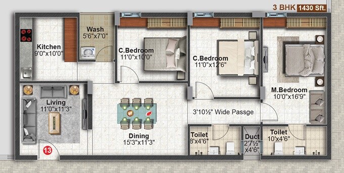 3 BHK 1430 Sq. Ft. Apartment