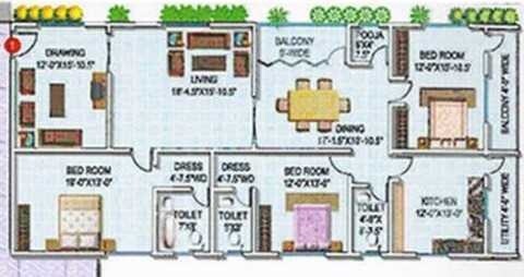Floor plan of 3 BHK 2106 Sq. Ft. Apartment in Arca Sarovar, Hyderabad