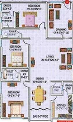 Floor plan of 3 BHK 2517 Sq. Ft. Apartment in Arca Sarovar, Hyderabad