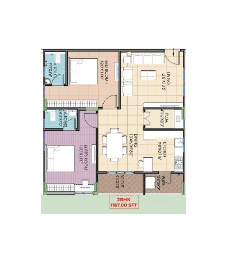 Floor plan of 2 BHK 1167 Sq. Ft. Apartment in Ark Aptha, Hyderabad