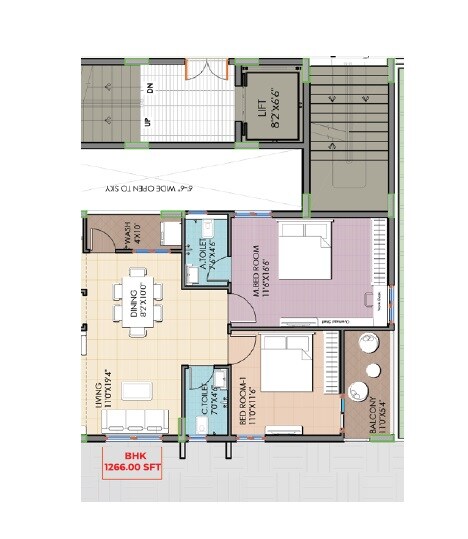 Floor plan of 2 BHK 1266 Sq. Ft. Apartment in Ark Aptha, Hyderabad