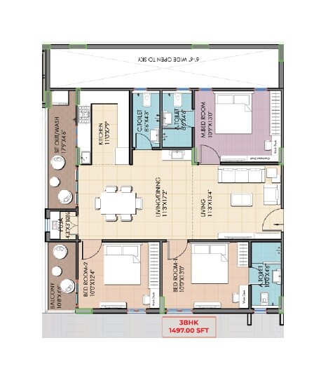 Floor plan of 3 BHK 1496 Sq. Ft. Apartment in Ark Aptha, Hyderabad