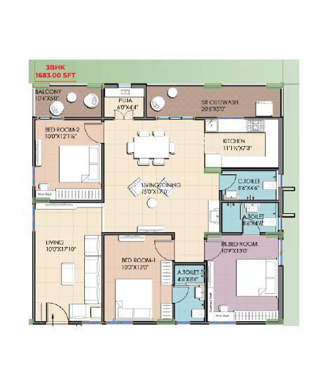 Floor plan of 3 BHK 1683 Sq. Ft. Apartment in Ark Aptha, Hyderabad
