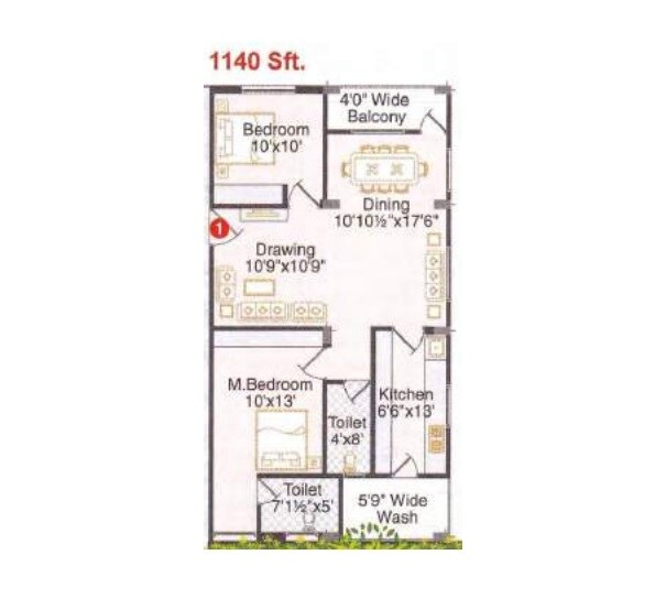 Floor plan of 2 BHK 1140 Sq. Ft. Apartment in Ark Ark Homes HI Blocks, Hyderabad