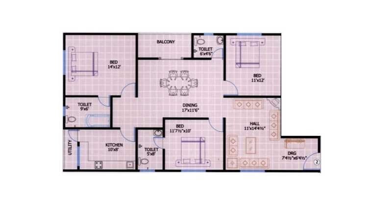 Floor plan of 3 BHK 1503 Sq. Ft. Apartment in Ark Villa, Hyderabad
