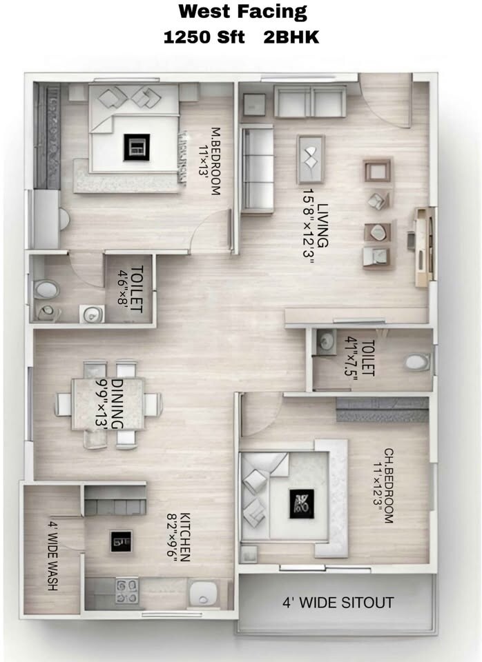 Floor plan of 2 BHK 1250 Sq. Ft. Apartment in Arkala Courtyard, Hyderabad