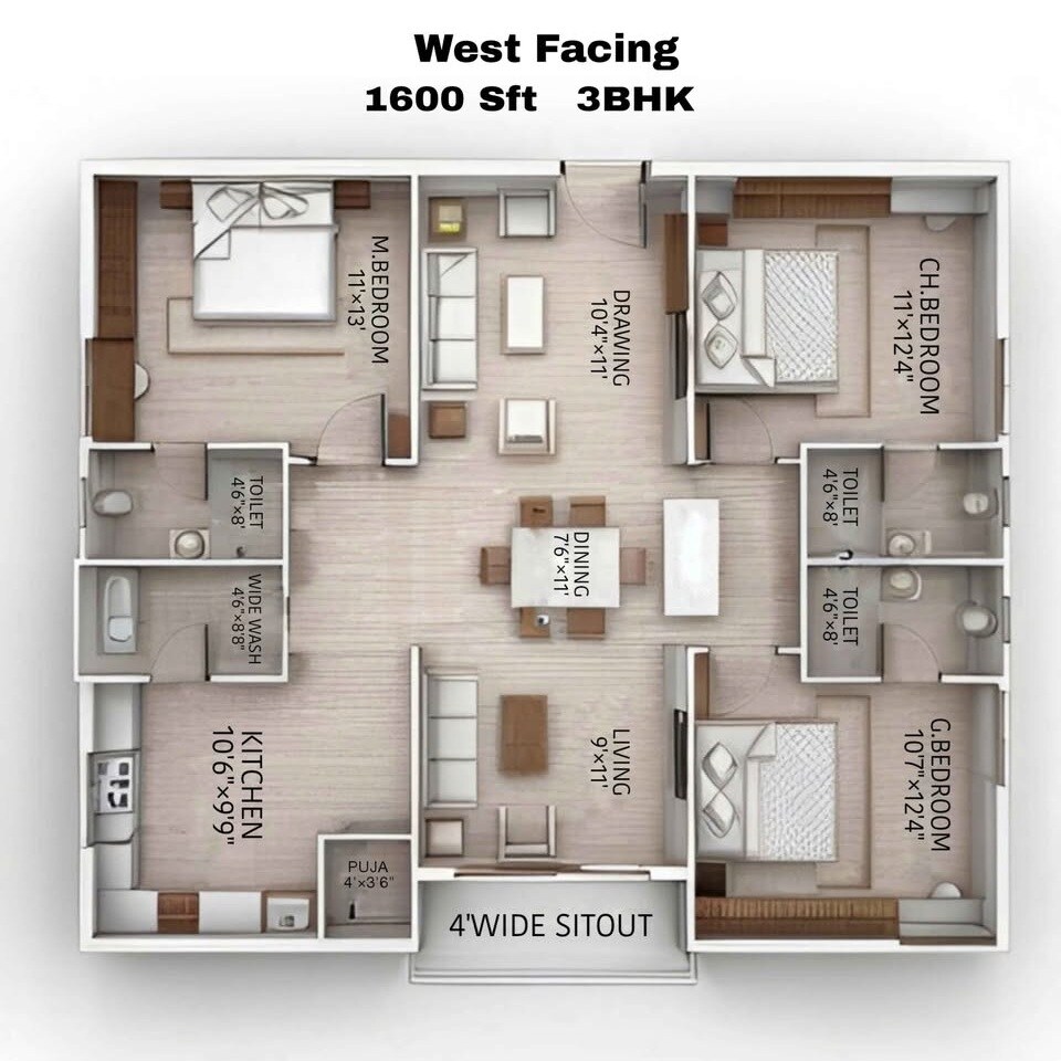 Floor plan of 3 BHK 1600 Sq. Ft. Apartment in Arkala Courtyard, Hyderabad