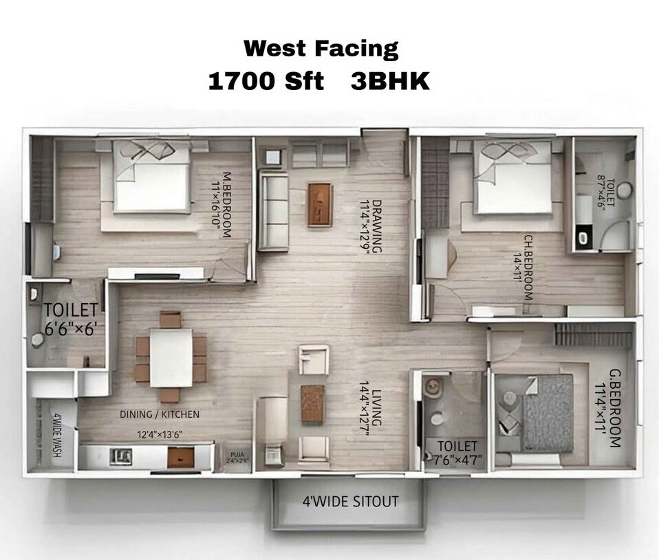 Floor plan of 3 BHK 1700 Sq. Ft. Apartment in Arkala Courtyard, Hyderabad