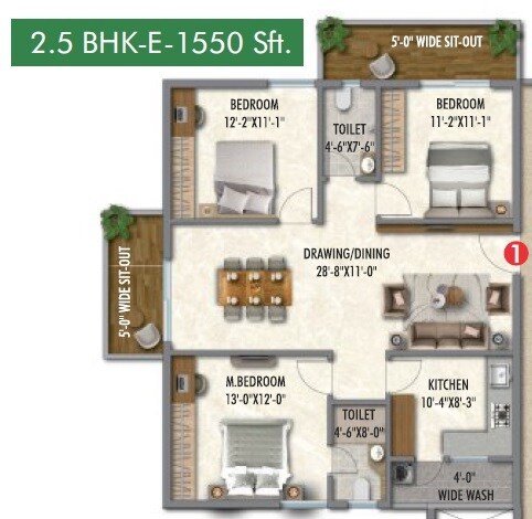 2 BHK 1550 Sq. Ft. Apartment