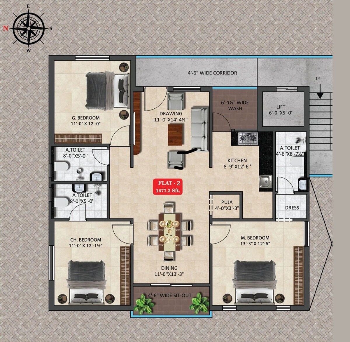 3 BHK 1677 Sq. Ft. Apartment
