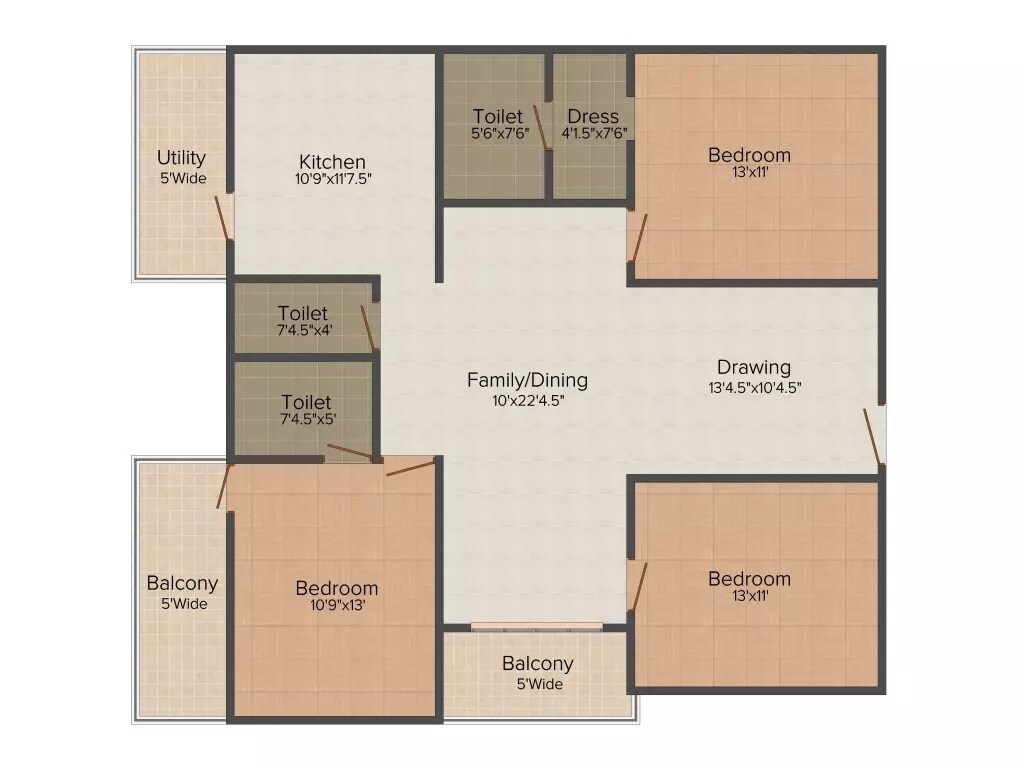 Floor plan of 3 BHK 1800 Sq. Ft. Apartment in Armsburg Koundinya, Hyderabad