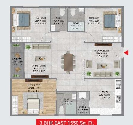 Floor plan of 3 BHK 1550 Sq. Ft. Apartment in ARR Avencia, Hyderabad
