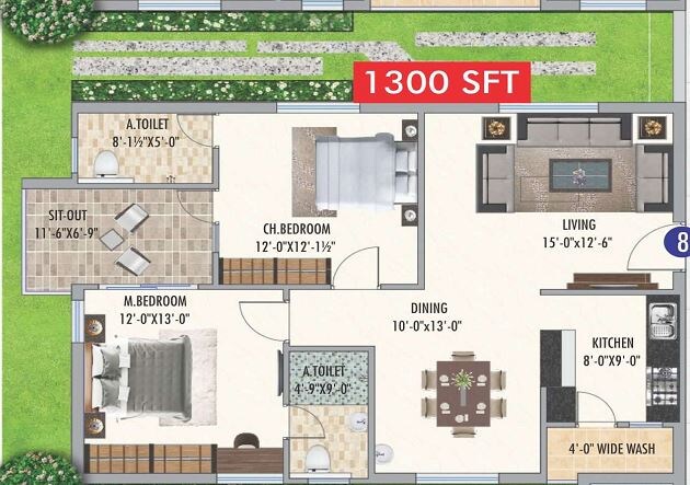 Floor plan of 2 BHK 1300 Sq. Ft. Apartment in Aryamitra Bay Hills, Hyderabad