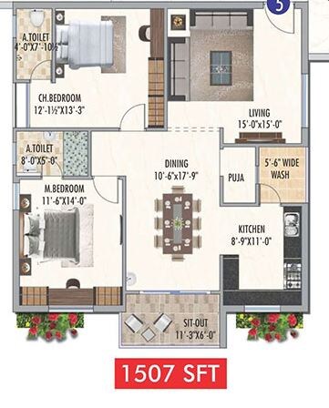 Floor plan of 2 BHK 1507 Sq. Ft. Apartment in Aryamitra Bay Hills, Hyderabad