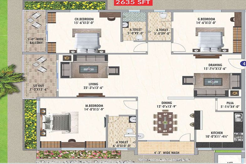 Floor plan of 3 BHK 1604 Sq. Ft. Apartment in Aryamitra Bay Hills, Hyderabad
