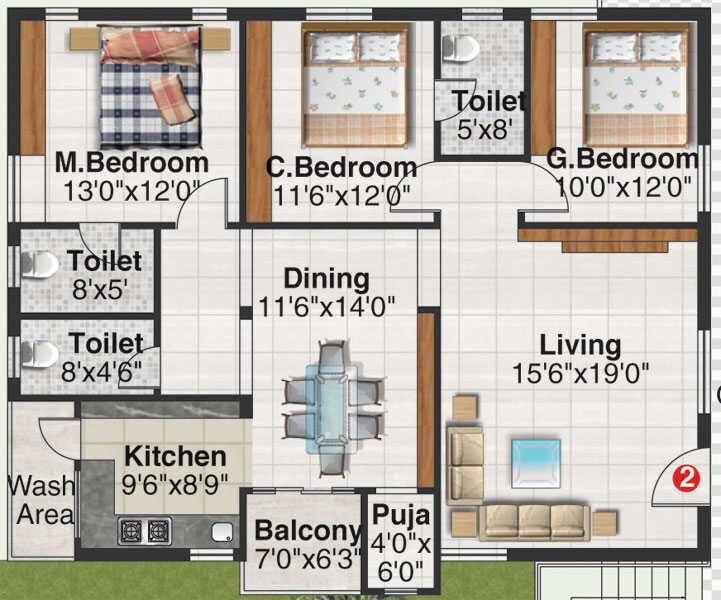 Floor plan of 3 BHK 1860 Sq. Ft. Apartment in Aryamitra Conifers, Hyderabad