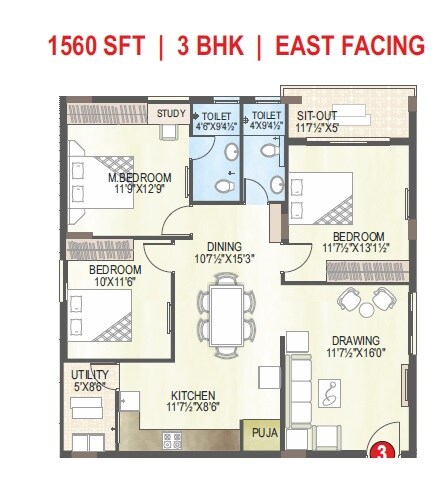 Floor plan of 3 BHK 1560 Sq. Ft. Apartment in Aryamitra skyila, Hyderabad