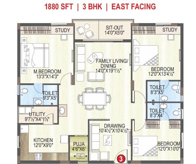Floor plan of 3 BHK 1880 Sq. Ft. Apartment in Aryamitra skyila, Hyderabad