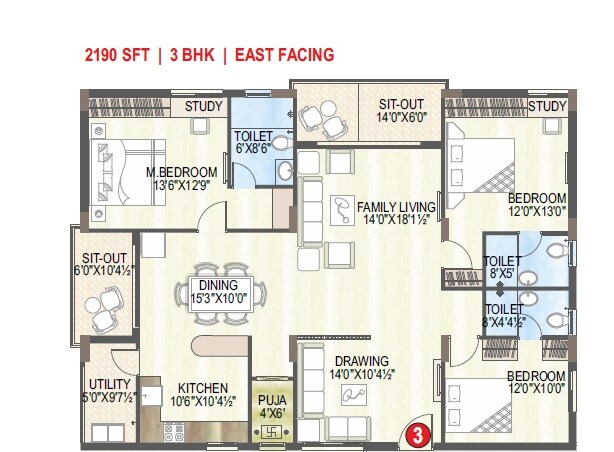 Floor plan of 3 BHK 2190 Sq. Ft. Apartment in Aryamitra skyila, Hyderabad