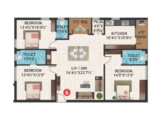 Floor plan of 3 BHK 1685 Sq. Ft. Apartment in AS Mayfair Luxury Apartment, Hyderabad