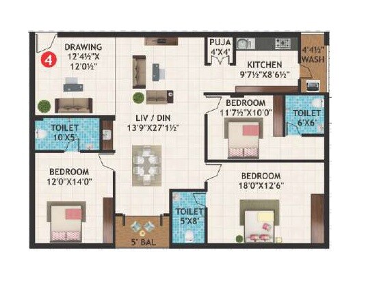 Floor plan of 3 BHK 1920 Sq. Ft. Apartment in AS Mayfair Luxury Apartment, Hyderabad
