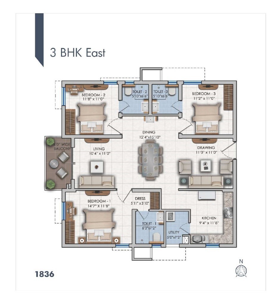 3 BHK 1836 Sq. Ft. Apartment