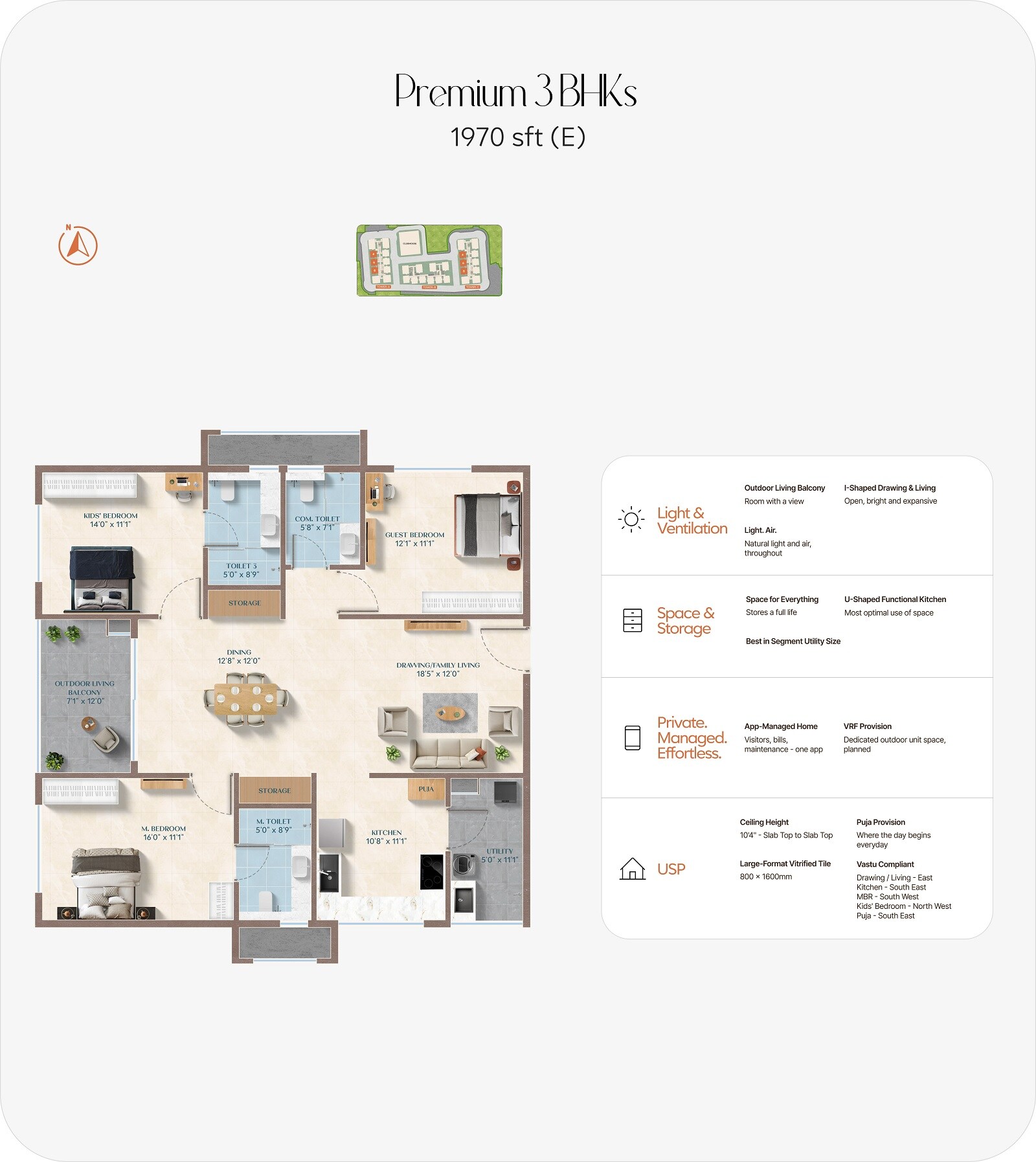 Floor plan of 3 BHK 1970 Sq. Ft. Apartment in ASBL Legacy, Hyderabad