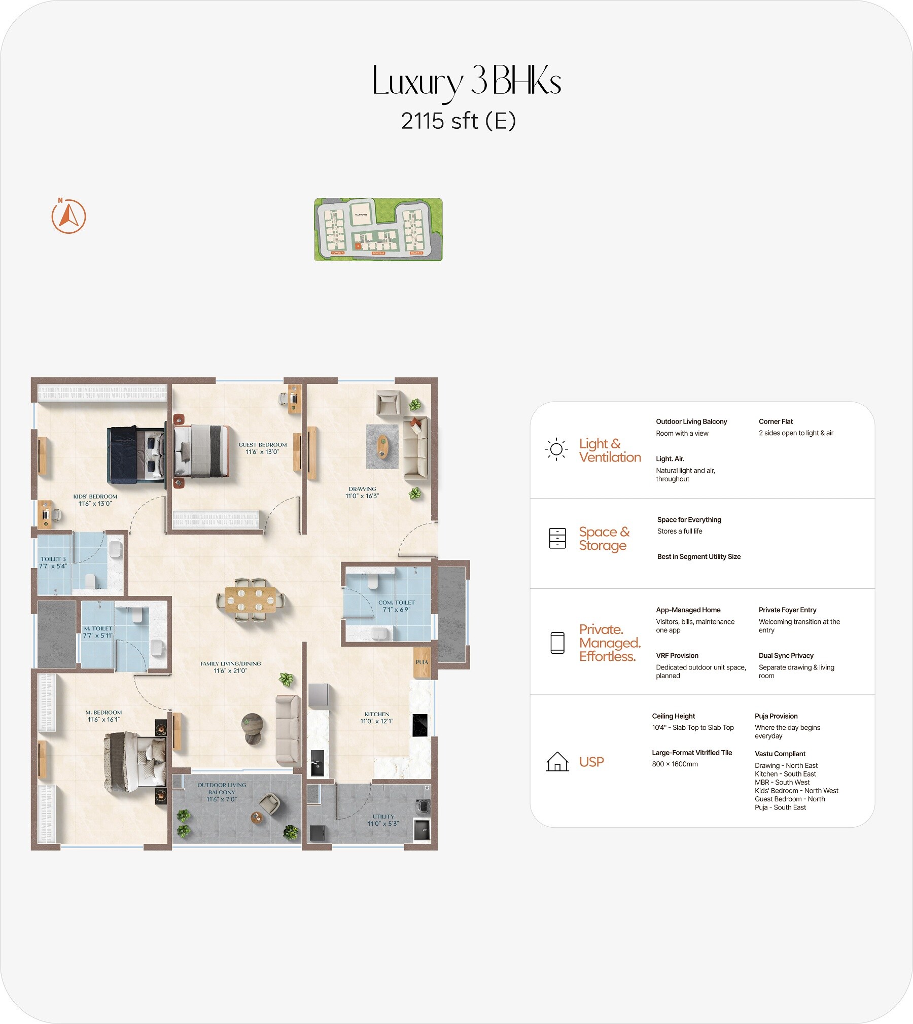 Floor plan of 3 BHK 2115 Sq. Ft. Apartment in ASBL Legacy, Hyderabad