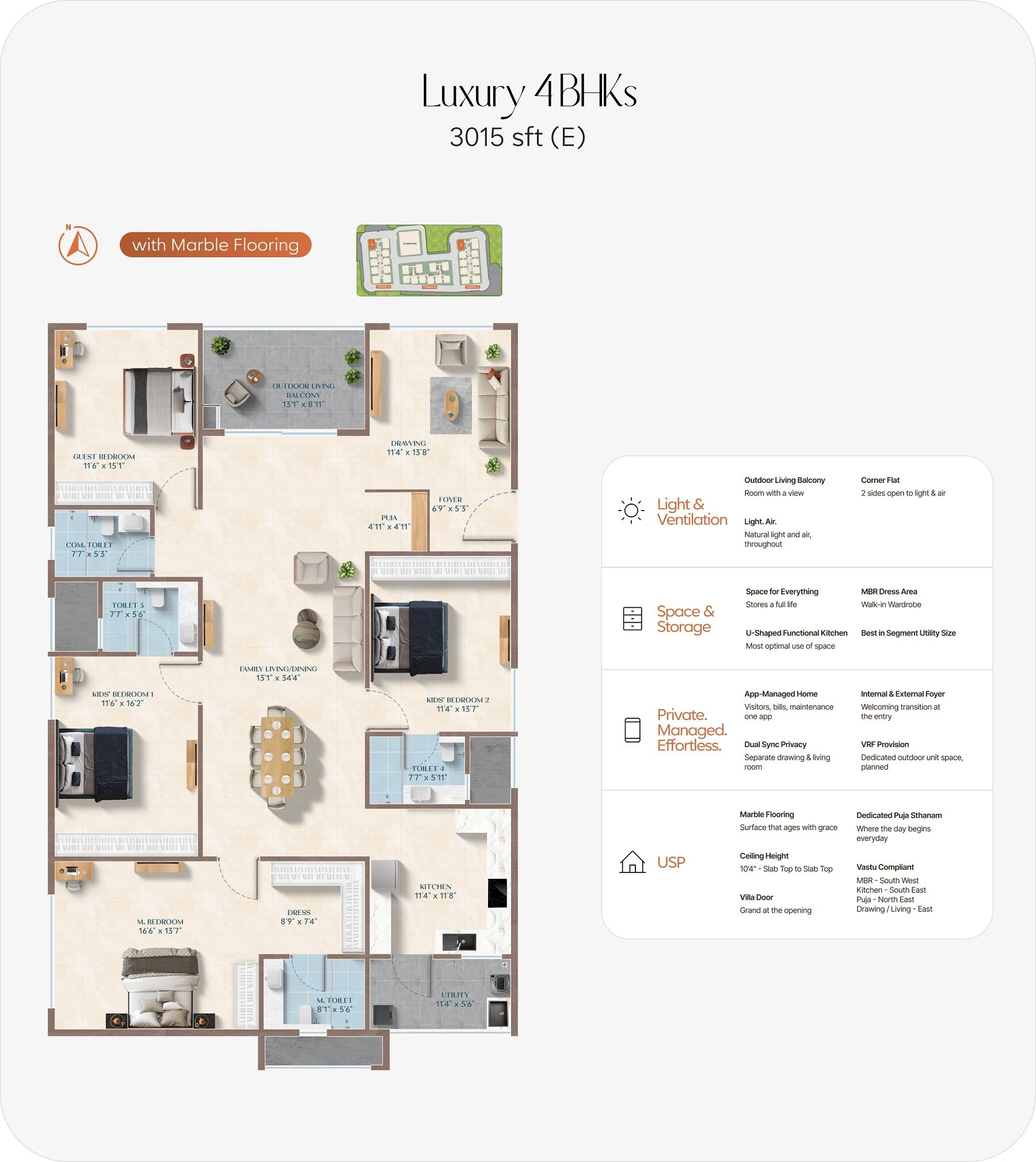 Floor plan of 4 BHK 3015 Sq. Ft. Apartment in ASBL Legacy, Hyderabad