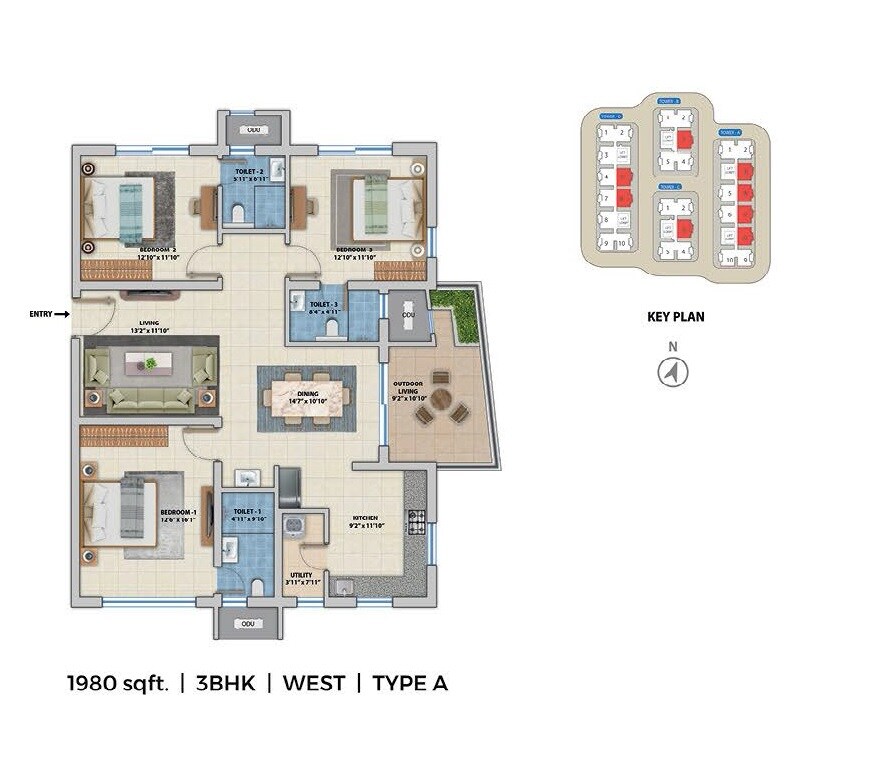 Floor plan of 3 BHK 1980 Sq. Ft. Apartment in ASBL Spectra, Hyderabad