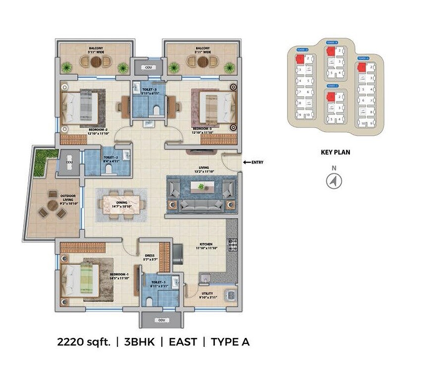 Floor plan of 3 BHK 2220 Sq. Ft. Apartment in ASBL Spectra, Hyderabad