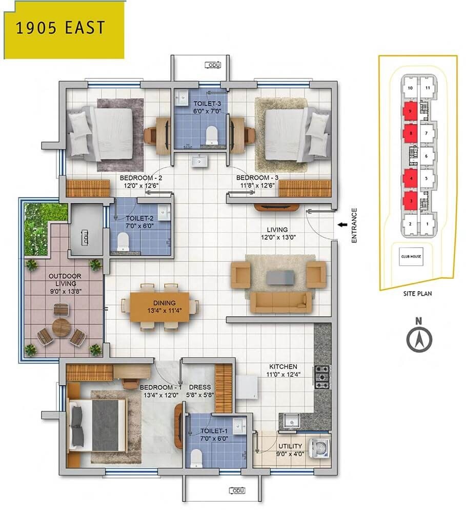 Floor plan of 3 BHK 1905 Sq. Ft. Apartment in ASBL Spire, Hyderabad