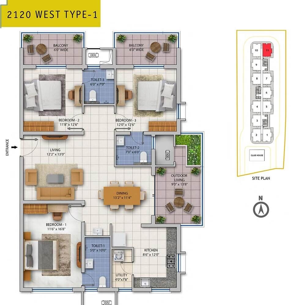 Floor plan of 3 BHK 2120 Sq. Ft. Apartment in ASBL Spire, Hyderabad