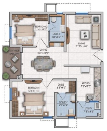 Floor plan of 2 BHK 1335 Sq. Ft. Apartment in Ashoka Lake Side, Hyderabad