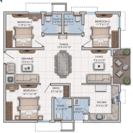 Floor plan of 3 BHK 1836 Sq. Ft. Apartment in Ashoka Lake Side, Hyderabad