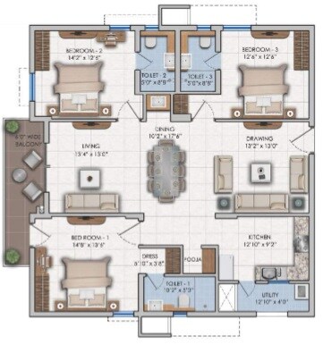 Floor plan of 3 BHK 2238 Sq. Ft. Apartment in Ashoka Lake Side, Hyderabad
