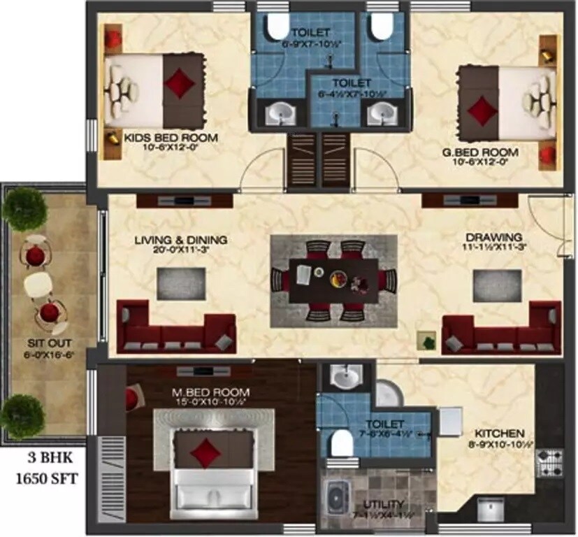 Floor plan of 3 BHK 1650 Sq. Ft. Apartment in Ashoka Liviano, Hyderabad